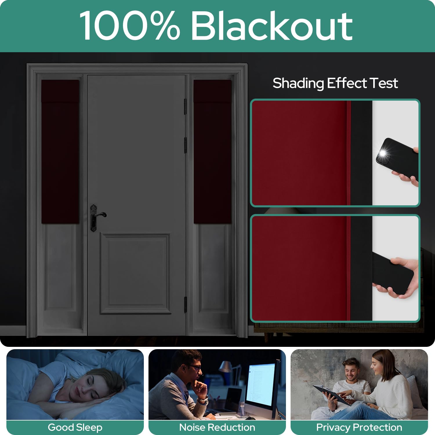 Homeideas 100% Blackout Sidelight Curtains For Front Door, Side Door Window Curtains, Front Door Curtains For Small Window, Thermal Insulated Door Window Covering, (1 Panel, W12 X L54, Burgundy)